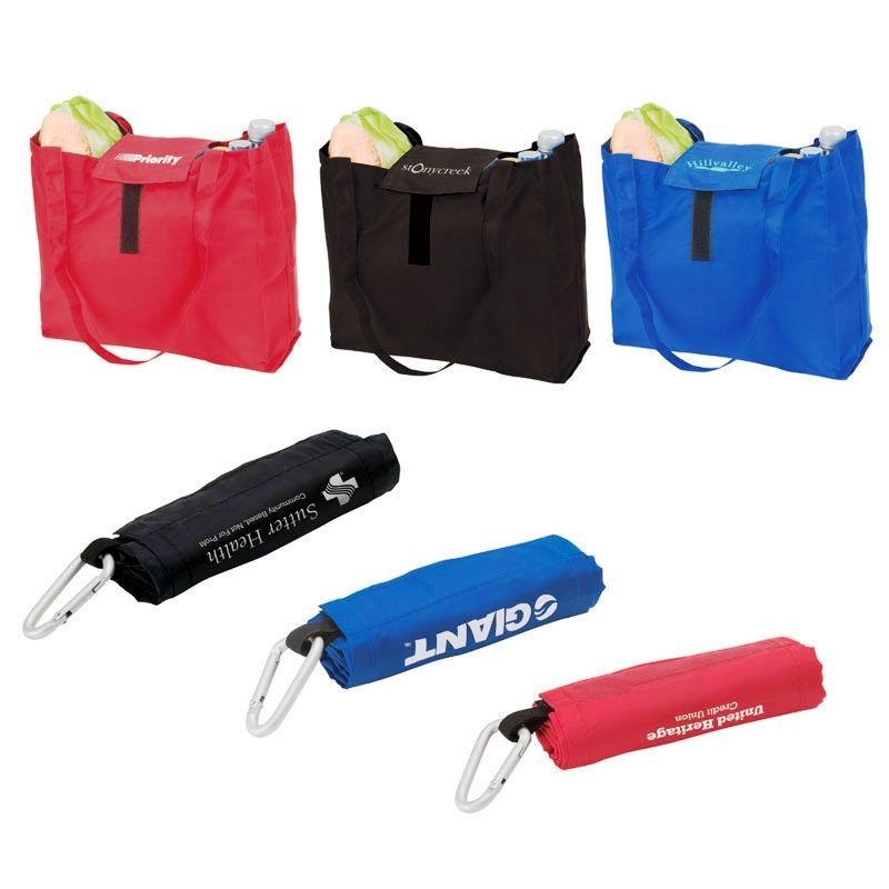 Wide Folding Tote Bag W/ Carabiner Clip