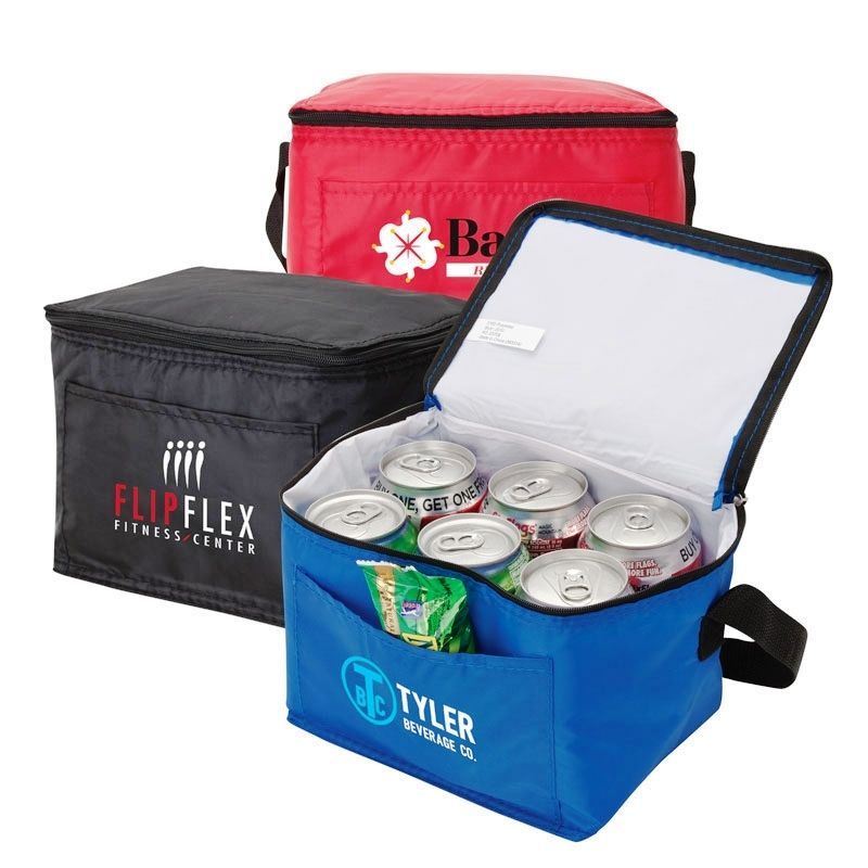 Insulated 6-can zippered cooler with carry handle. 7 3/4" W x 6" H x 6" D