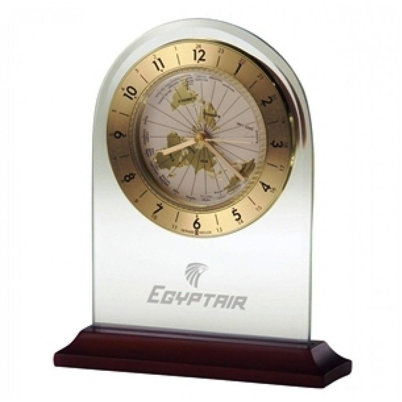 Howard Miller World Time Glass Arch Alarm Clock W/ Rosewood Base