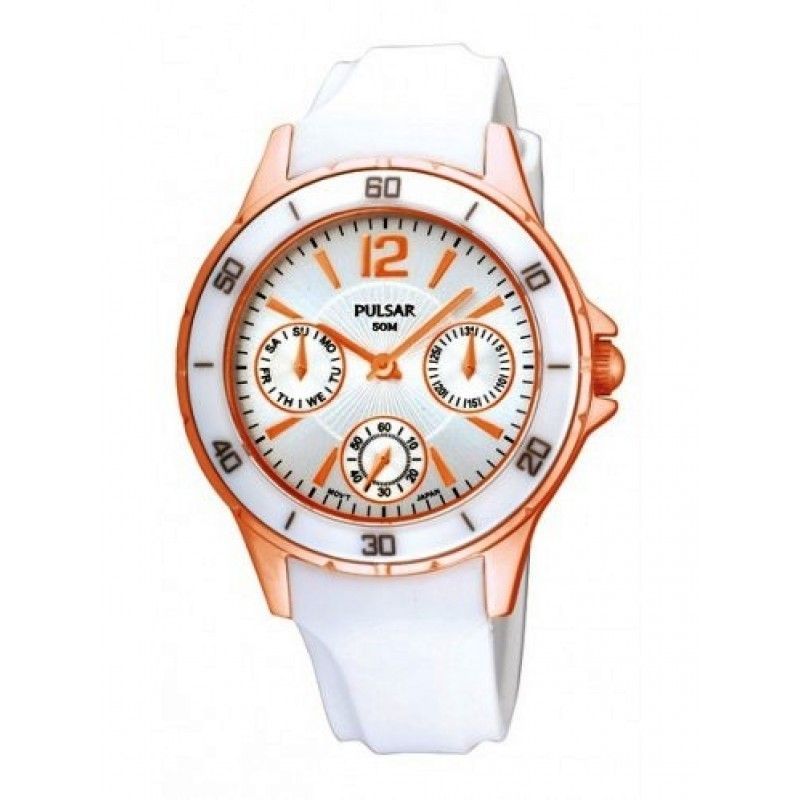 Pulsar Women's Dress Sport Rose Gold Stainless White Rubber Strap Watch