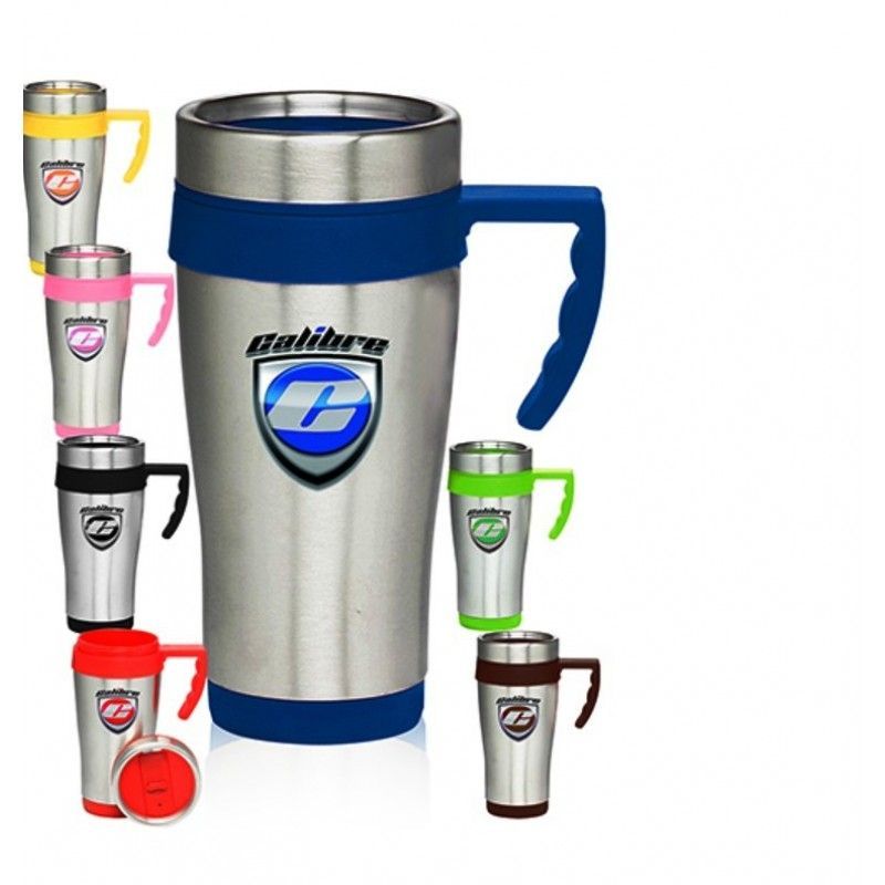 16 Oz. Color Accent Stainless Steel Printed Travel Mugs With Handles