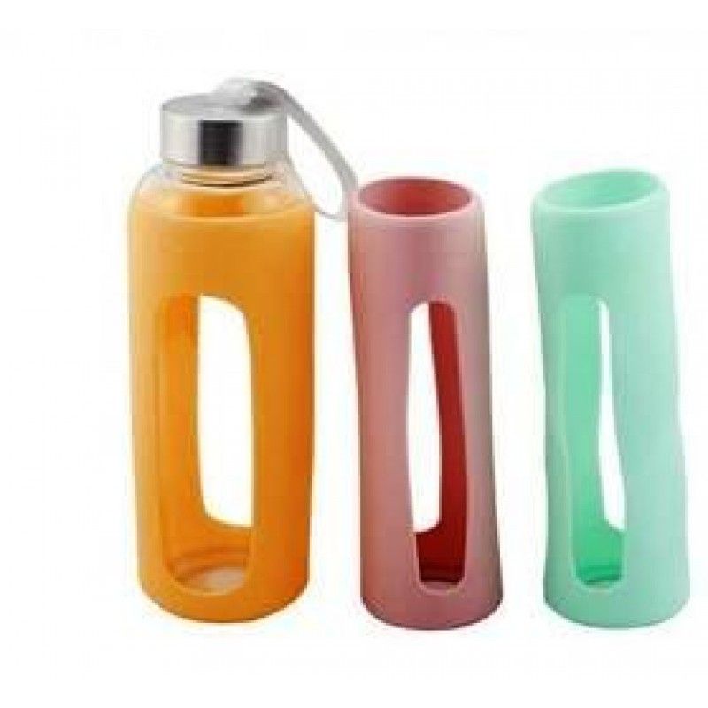 Promotional glass bottle with silicone holder